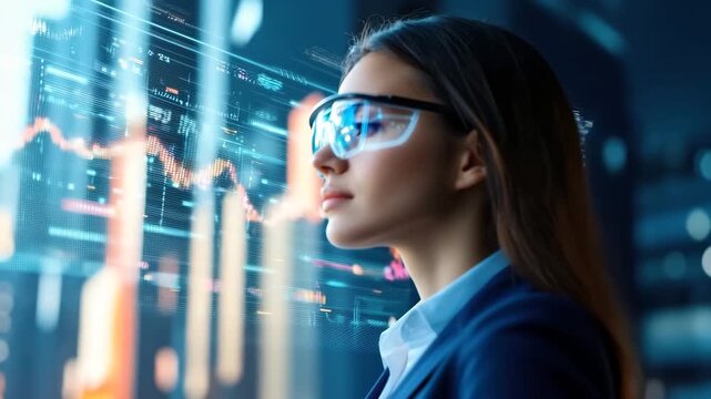 Confident woman in business with futuristic technology glasses, digital data analytics, modern professional female in city office - Powered by Adobe