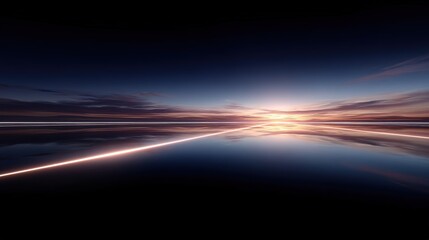 Horizon line with glowing neon streaks over  reflective dark water surface during twilight with scattered clouds