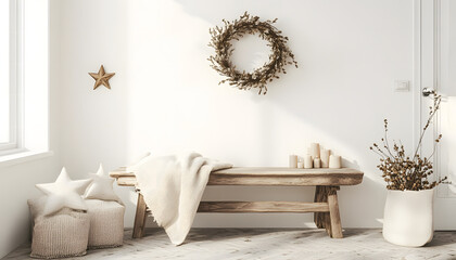 Christmas corner with natural wood bench, beige knit blanket, minimalist wreath on white wall, wooden stars and handmade candles, neutral cozy atmosphere clean Nordic home decor, rustic minimalism