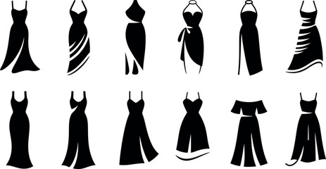 Elegant Black Dress Icons:  Stylish Fashion Vector Graphics Set