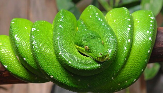 Green Tree Python Coiled on Branch.