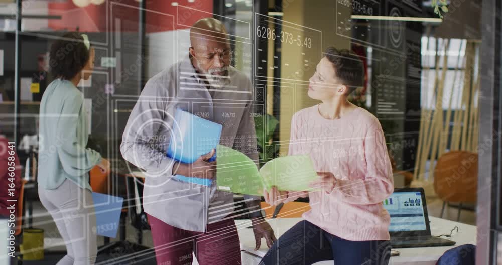 Aufkleber woman flipping folder triggers chart overlay updating numbers and man pointing for business review