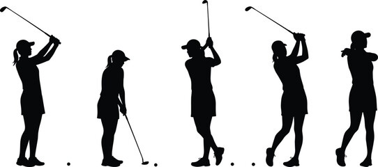 Flat vector illustration of female golfer silhouettes, golf swing poses, women playing golf, sport activity icons, golf club action, outdoor recreation set