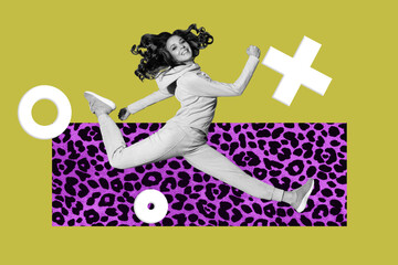 Trend poster collage of person run sit on yellow background with 3d elements