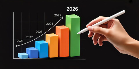 Business growth chart showing an upward trend from 2021 to 2026, with colorful bars and a hand uses a stylus to point at the projected data symbolizing future success