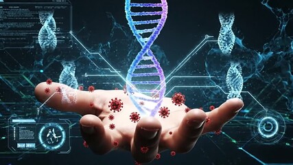 Hand holding DNA strand surrounded by virus particles with tech interfaces in the background - Powered by Adobe
