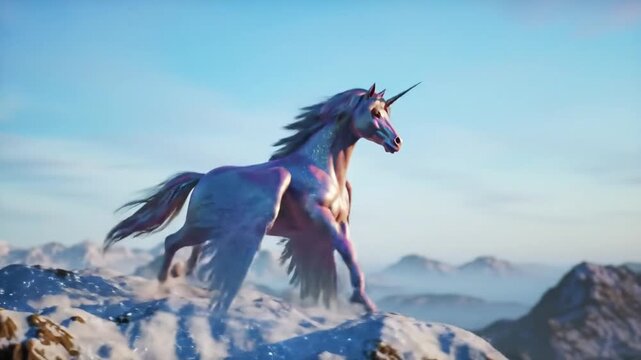 Winged unicorn on snowy peaks