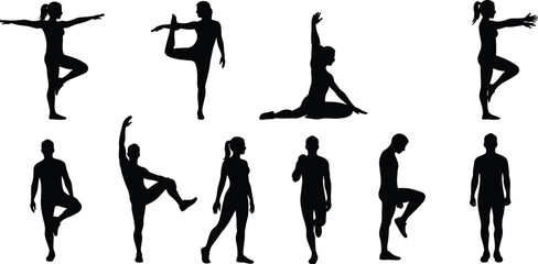 Flat vector illustration of male and female yoga and stretching poses, various body postures for fitness and wellness isolated on white background, healthy lifestyle design.