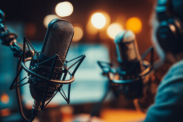 Close-up of two podcast hosts speaking into studio microphones, headphones on, bright illuminated studio background