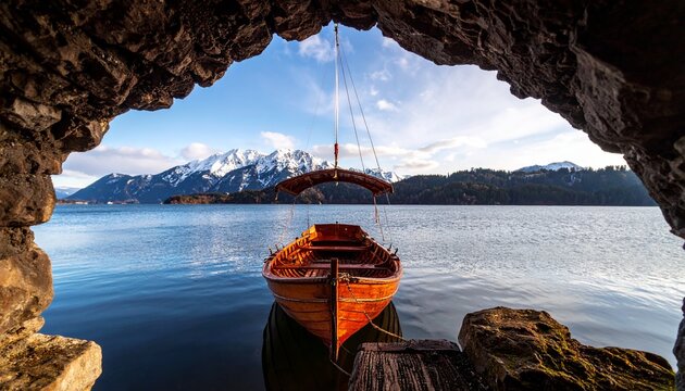 Anamas Mountain, fishing boat and mystical landscape texture from inside the Maiden's Castle in the middle of Beyşehir Lake