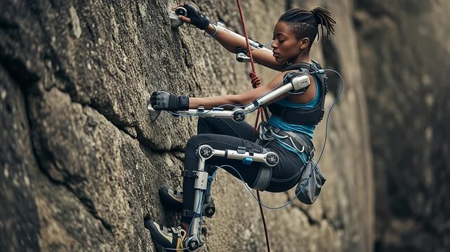 Woman scales rock wall in lightweight exoskeleton enhancing climbing performance and adaptability