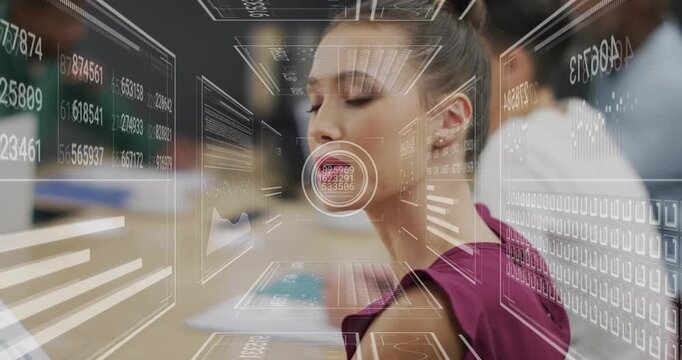 Teenage female focusing on holographic UI appearing, selecting graph cluster for business analysis - Powered by Adobe