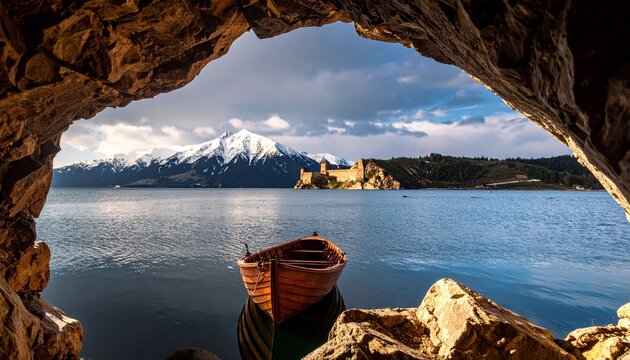 Anamas Mountain, fishing boat and mystical landscape texture from inside the Maiden's Castle in the middle of Beyşehir Lake
