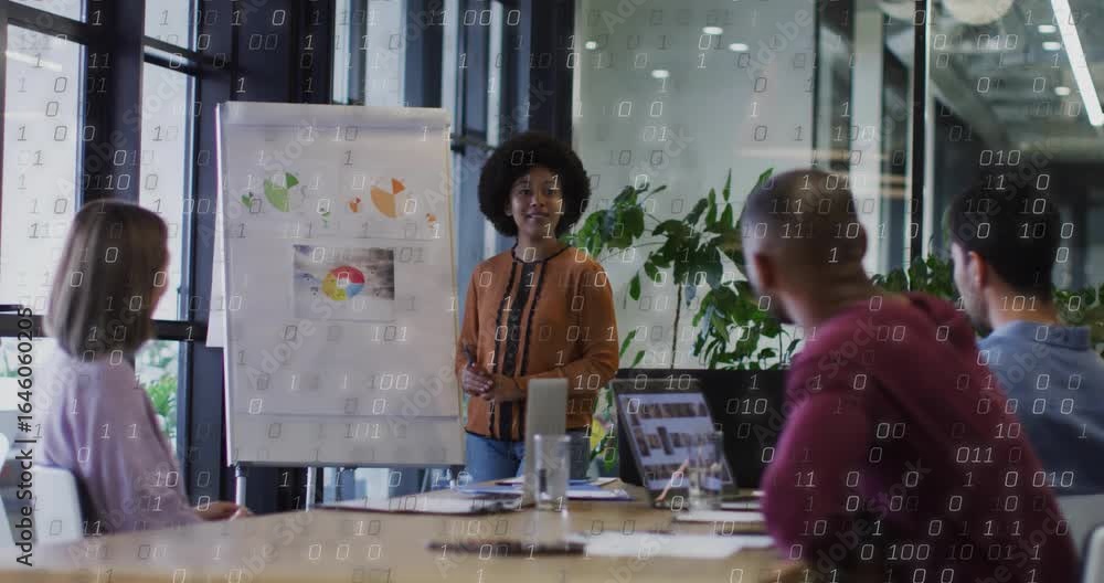 Poster presenter gesturing toward flip chart and animating data visuals while clarifying business insights