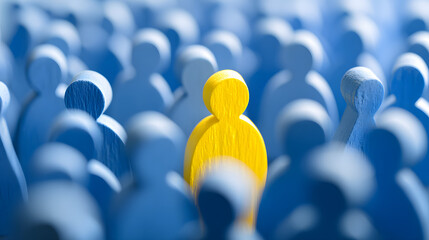 Yellow figure stands out among blue crowd. Business concept. HR strategy. Finding right people. Organizational psychology. Distinct person. Potential employee. Diversity. Inclusion. Leadership.