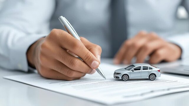 Close-up of a hand signing documents next to a bright car icon. Symbol of a deal, rent, purchase, insurance or leasing of a car. Modern office, light background, there is free space.