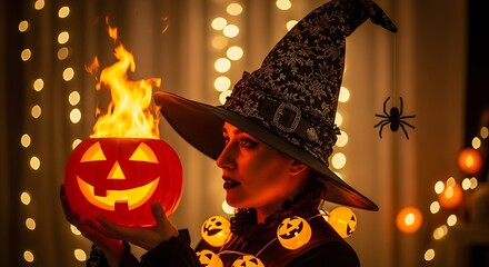 Witch Holding a Jack-o'-Lantern with Flames, Halloween Lights and Spider Decoration