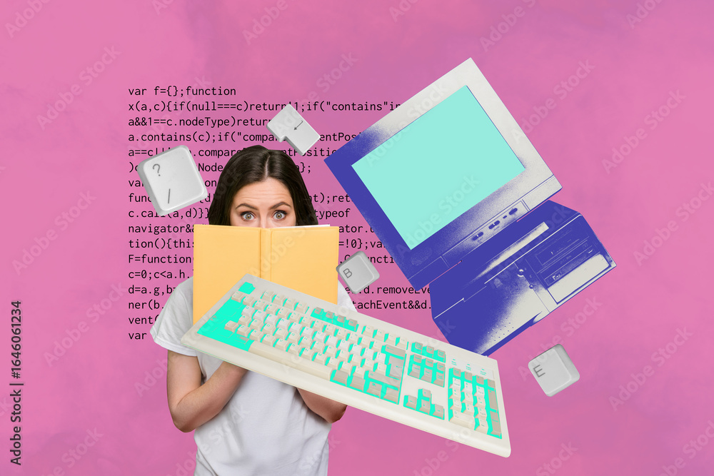Fototapete collage of funny business person relax coffee retro computer keyboard keys text programming code in 