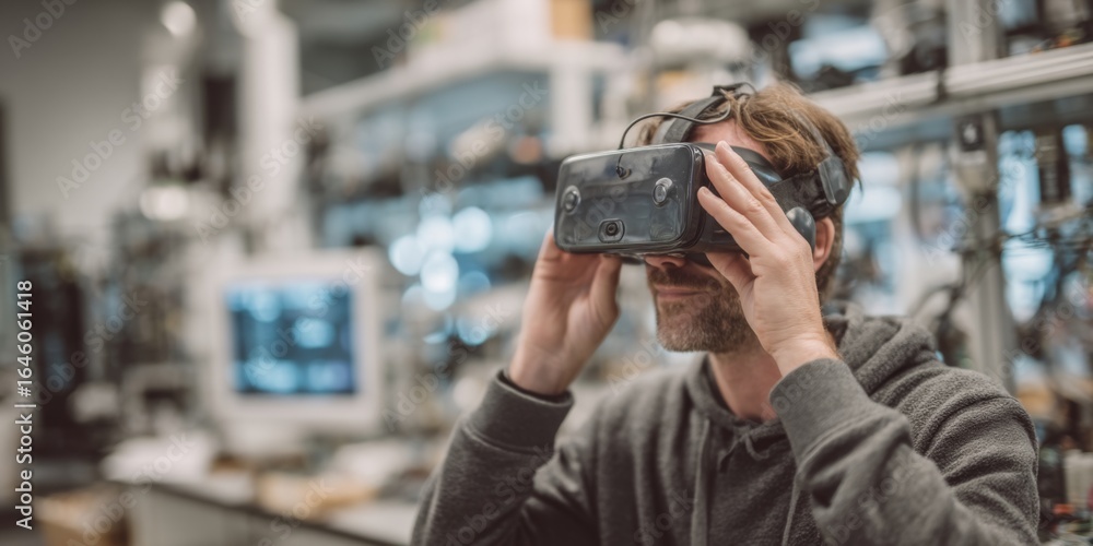 Poster man wearing virtual reality headset in laboratory setting engaged in technology exploration and inno