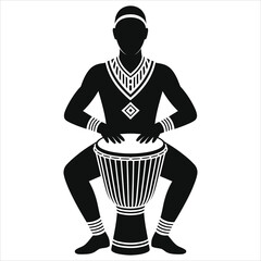 Silhouette of African tribal drummer playing djembe hand drum, cultural percussion musician sitting in traditional ethnic costume, black vector illustration isolated on white for music design