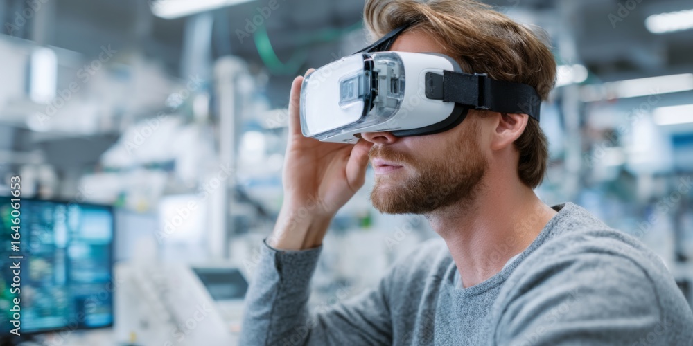 Poster young man explores virtual reality technology through advanced headset in modern laboratory environm