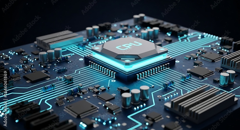 Poster illuminated cpu chip on motherboard for cutting-edge technology solutions and advanced computing pow