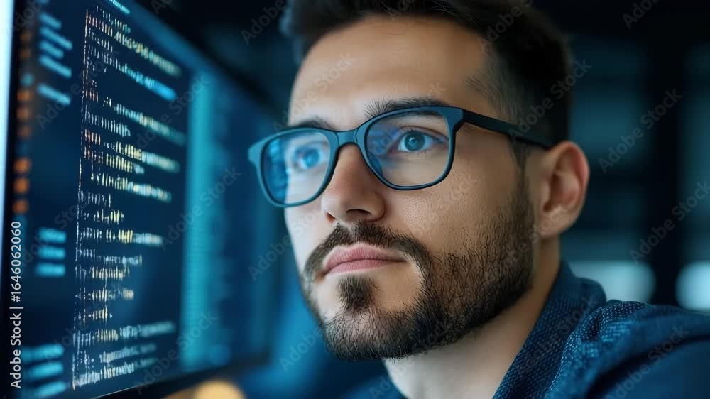Poster young man with beard and glasses focused computer screen coding modern office, focused male programm