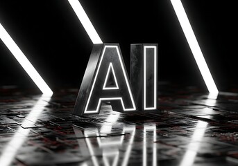 Bold AI lettering on reflective surface with neon lights conveys modern technological advancement