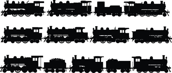 Flat vector illustration of vintage steam train silhouettes, classic locomotives, railway engines, historic trains, transportation icons, black silhouette collection © Maisa