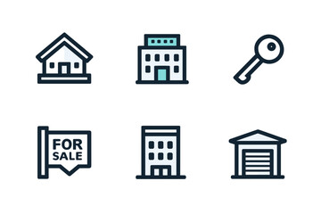 Illustration of real estate icons including house buildings key for sale sign and garage in a row