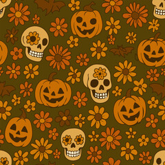 Vector seamless Halloween pattern with jack-o&rsquo;-lantern pumpkins, sugar skulls, autumn flowers, and bats. Retro-inspired warm orange and brown color palette. 