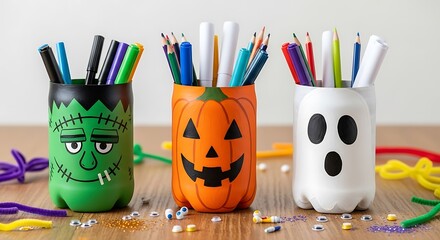 Halloween themed pencil holders with monster, pumpkin and ghost characters for kids craft