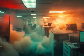 A corporate office engulfed in thick smoke is pierced only by a red fire alarm light and a green EXIT sign, powerfully conveying urgency and the importance of emergency preparedness.