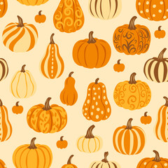 Vector seamless pattern of decorative pumpkins and gourds on warm beige swirls, stripes and polka dots. Modern farmhouse fall vibe. 