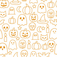 Vector seamless Halloween line‑art pattern with pumpkins, ghosts, skulls, bats, witch hats, candles, moons, stars, cats and tombstones. Clean monoline doodles in orange on white