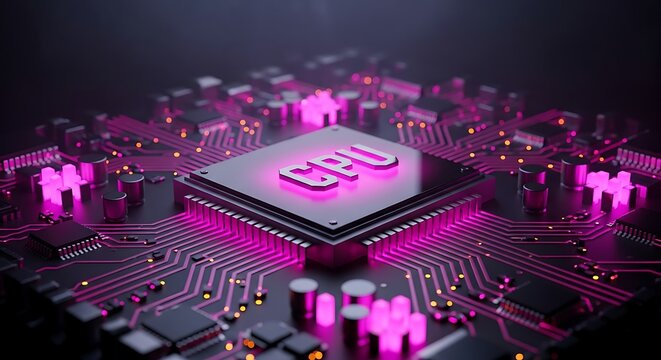 Stunning CPU circuit board with vibrant pink glow showcasing cutting edge technology and modern design