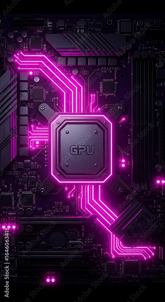 Poster futuristic glowing gpu on a modern motherboard for high performance computing solutions and gaming i