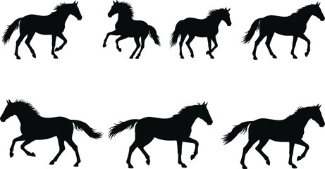 Horse silhouettes vector set, black equine animals in different poses, running and standing horses clipart, farm animal illustration, flat design art
