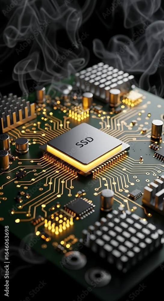 Poster cutting-edge ssd with intricate circuit board design and stylish smoke effects for tech enthusiasts