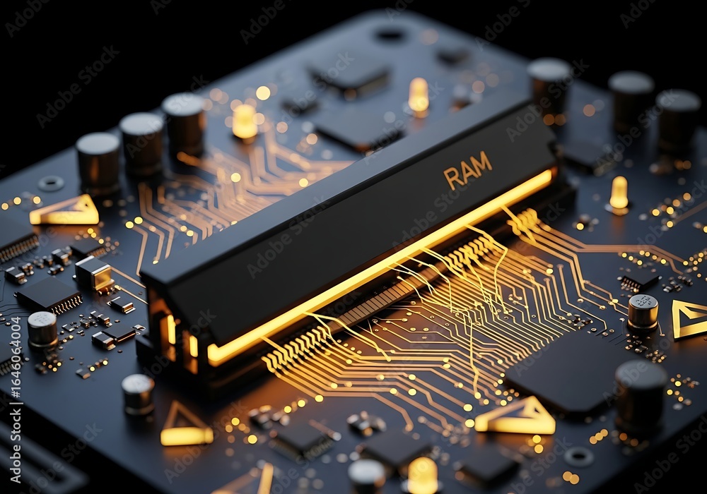 Poster high tech modern ram module with glowing circuits for cutting edge technology advancements