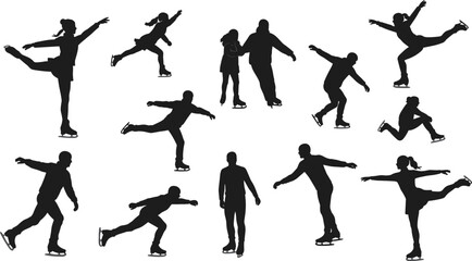 Ice skating silhouettes with diverse poses, figures skating solo and in pairs, winter sport clipart, black skating silhouettes vector