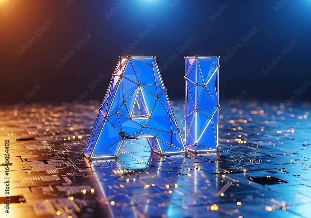 Poster futuristic ai concept with glowing blue letters on a circuit board, visualizing artificial intellige