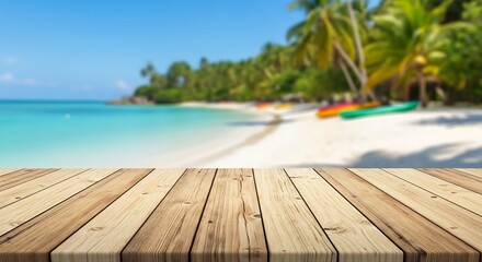 Fototapeta premium Wooden table top with blurred tropical beach background, perfect for summer vacation and travel concept