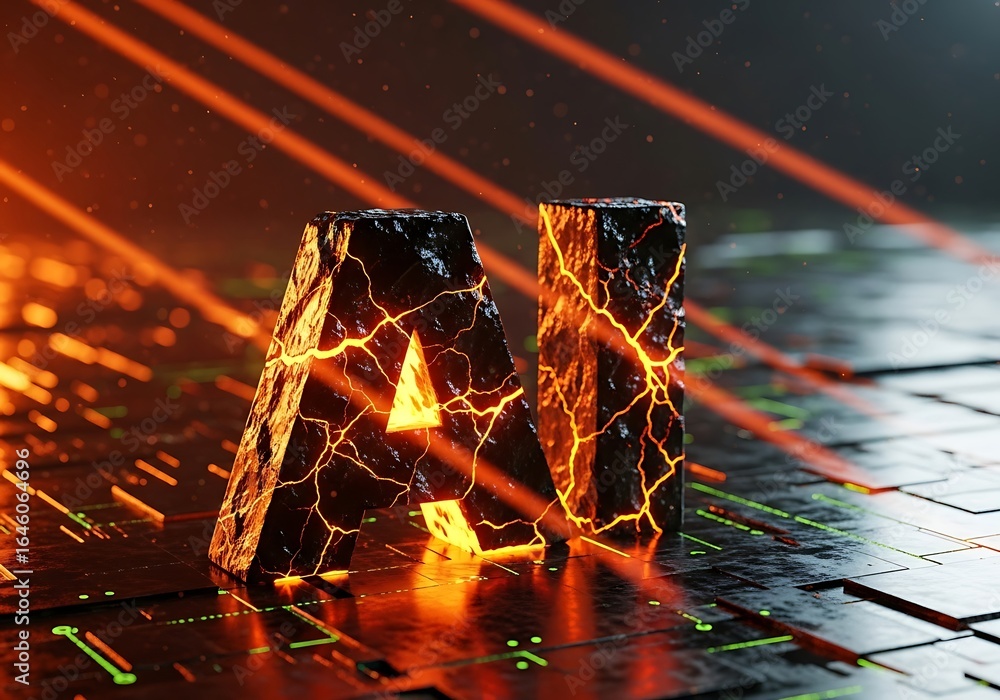 Poster dynamic ai concept with glowing lava cracks on dark tech surface for innovative technology solutions