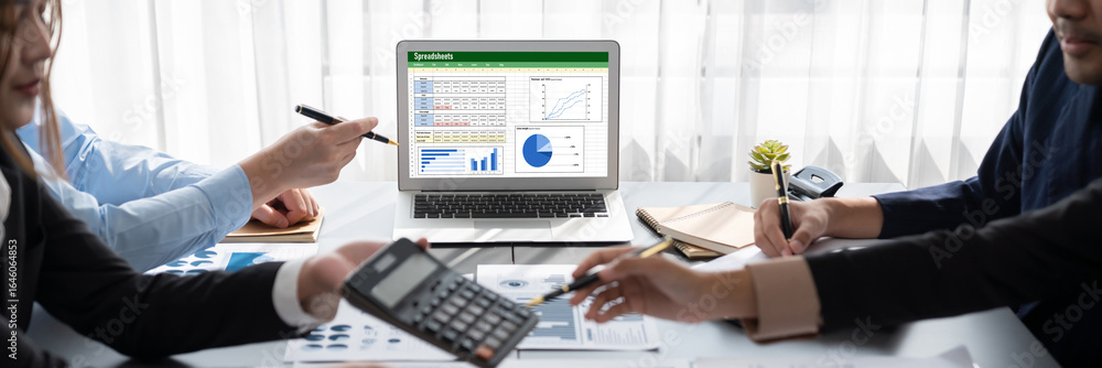 Poster business intelligence and data analysis concept. analyst team working on financial data analysis das