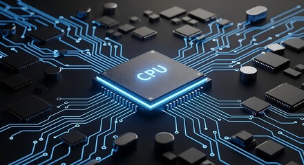 Modern CPU motherboard with glowing blue circuits for high tech industry and network solutions