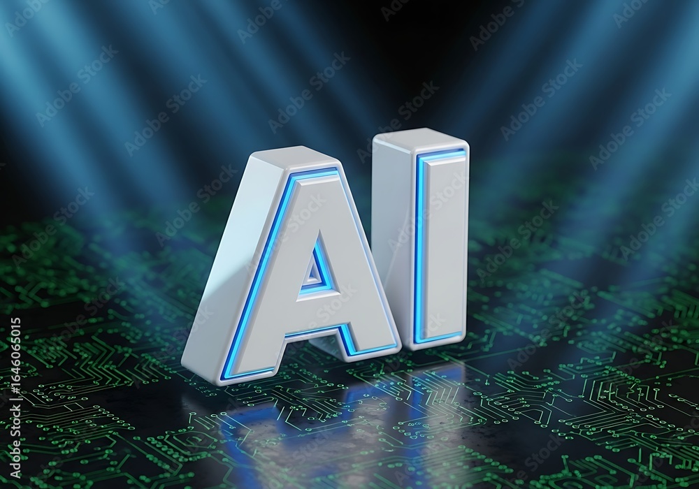 Poster modern artificial intelligence concept with glowing ai letters on circuit board for futuristic techn