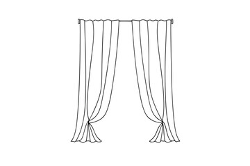 Single line outline drawing two draped curtains tied back with fabric drapery window