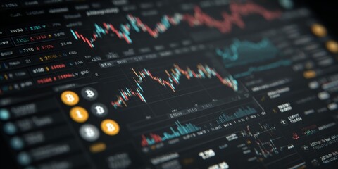 Obraz premium Detailed Financial Market Analysis Displaying Cryptocurrency Trends and Stock Charts on a Dark Background for Investment Insights