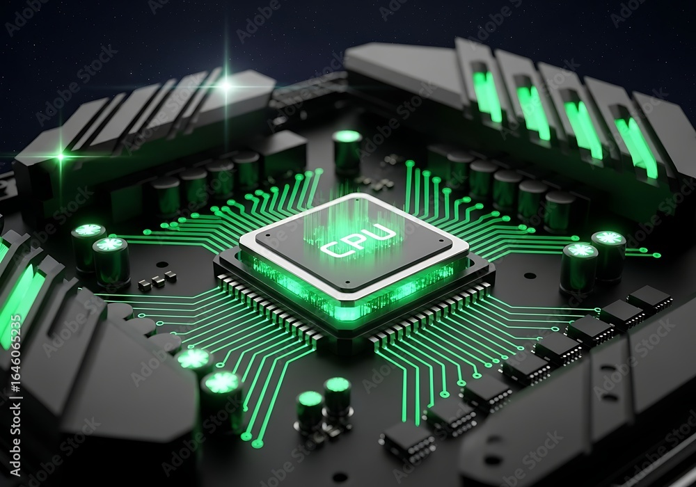 Aufkleber cutting-edge cpu with glowing green circuit paths for futuristic technology concepts and digital inn
